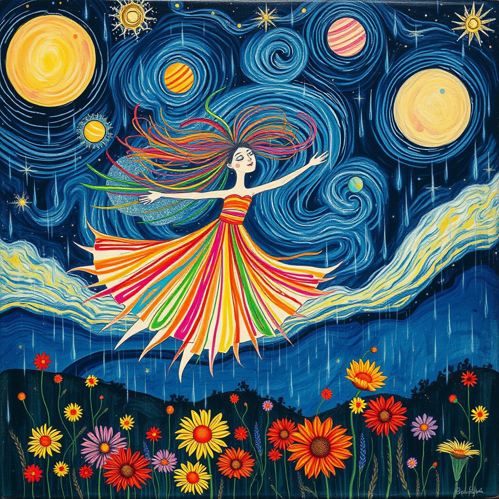 Goddess-Artist Soaring Through Cosmic Galaxy in Crayon Style