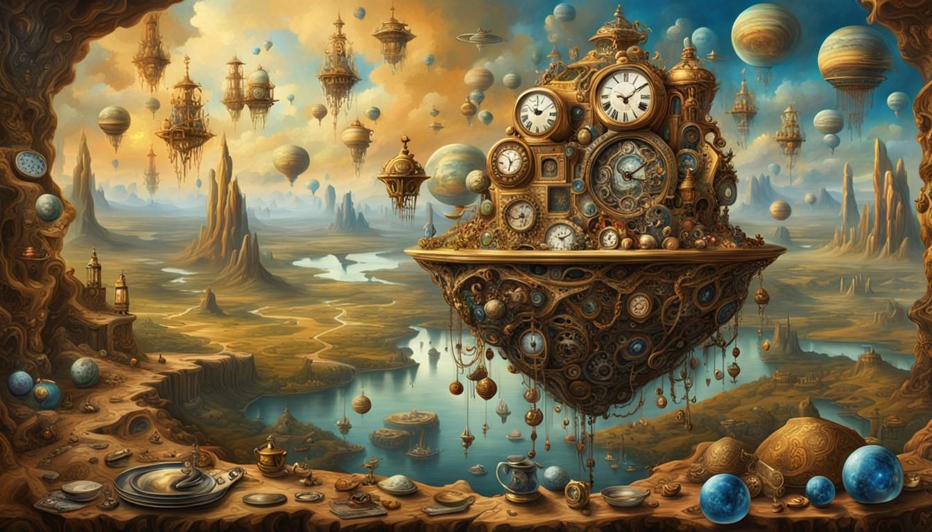 Surrealistic Melting Clocks in Dreamlike Landscape