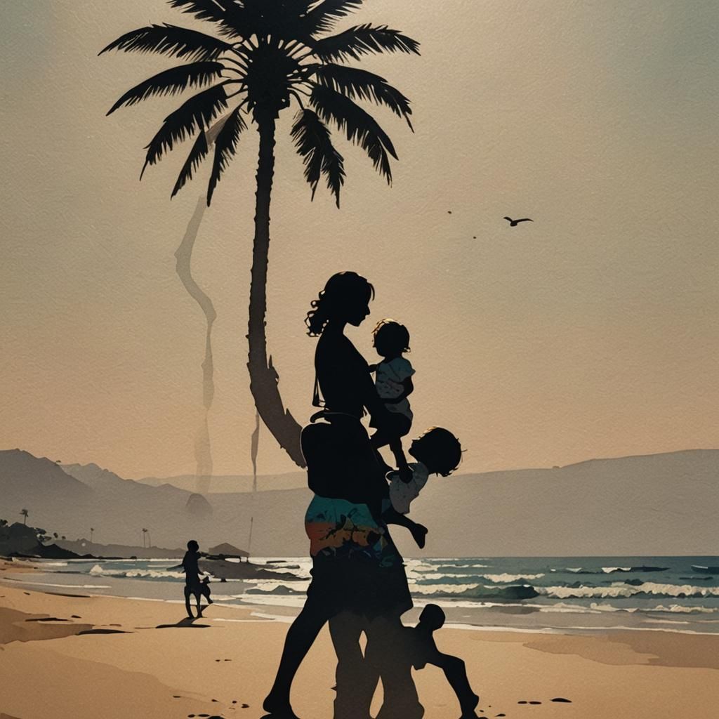 Silhouette Mother and Child on Beach: Splash Art