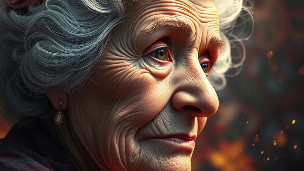 Hyperrealistic Grandmother Portrait with Splash Art Elements