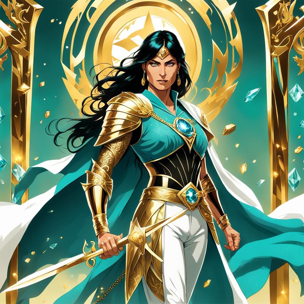 Armored Woman with Trident in Anime Style