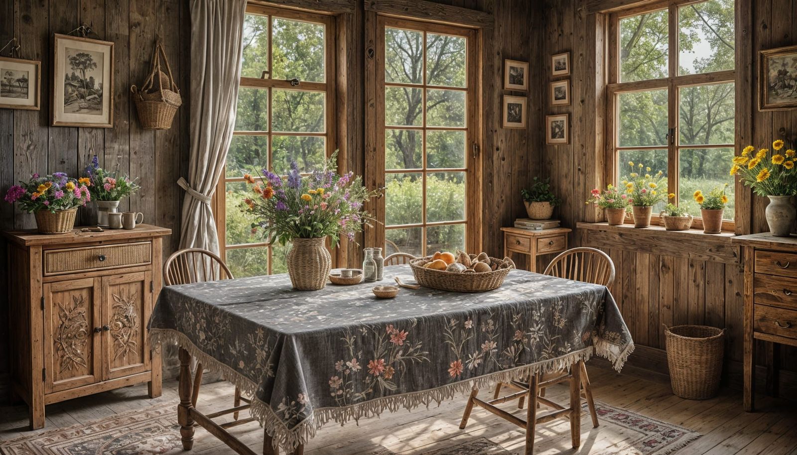 Rustic Home Interior with Embroidered Tablecloth, Charcoal D...