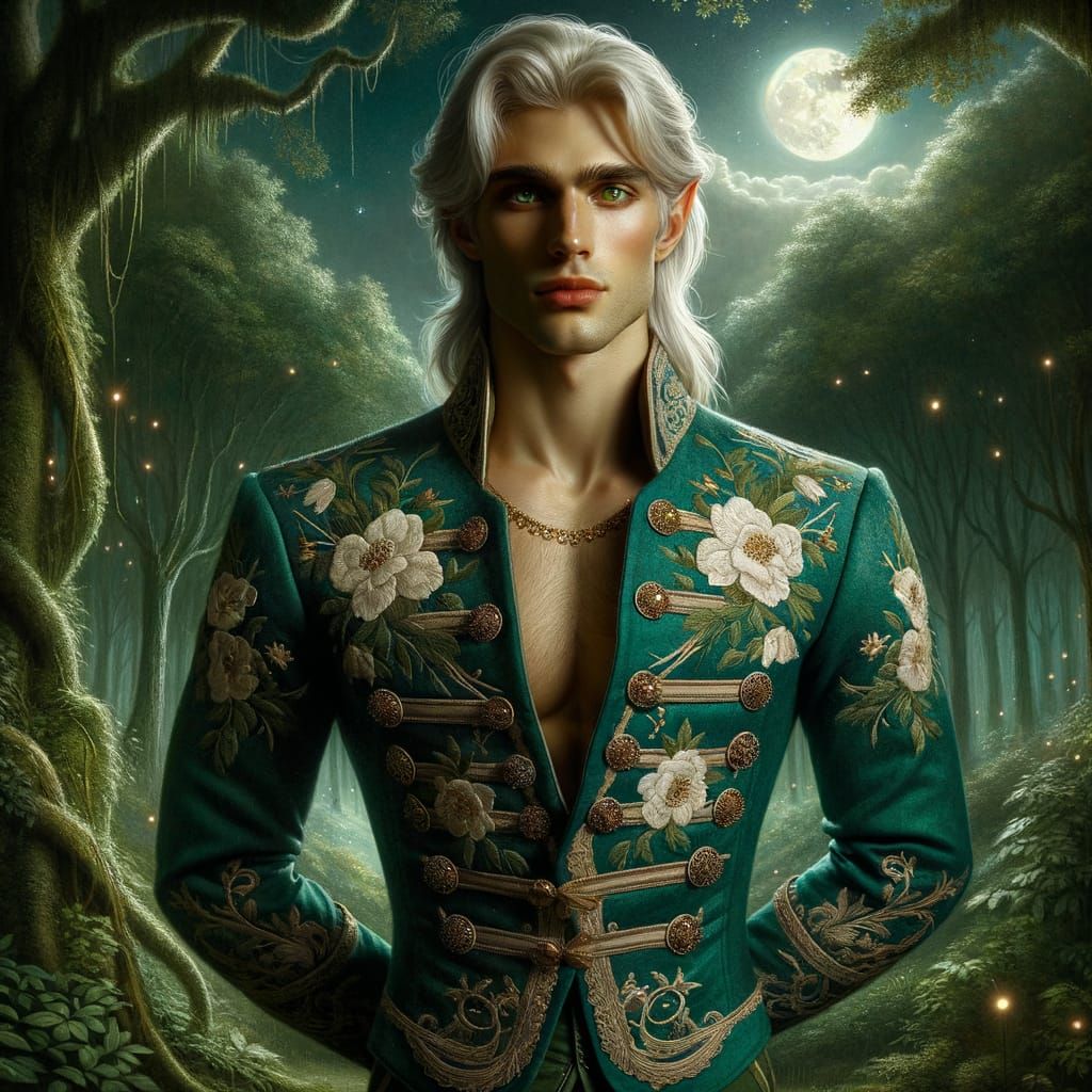 Elven Man in Moonlit Forest, Baroque Style