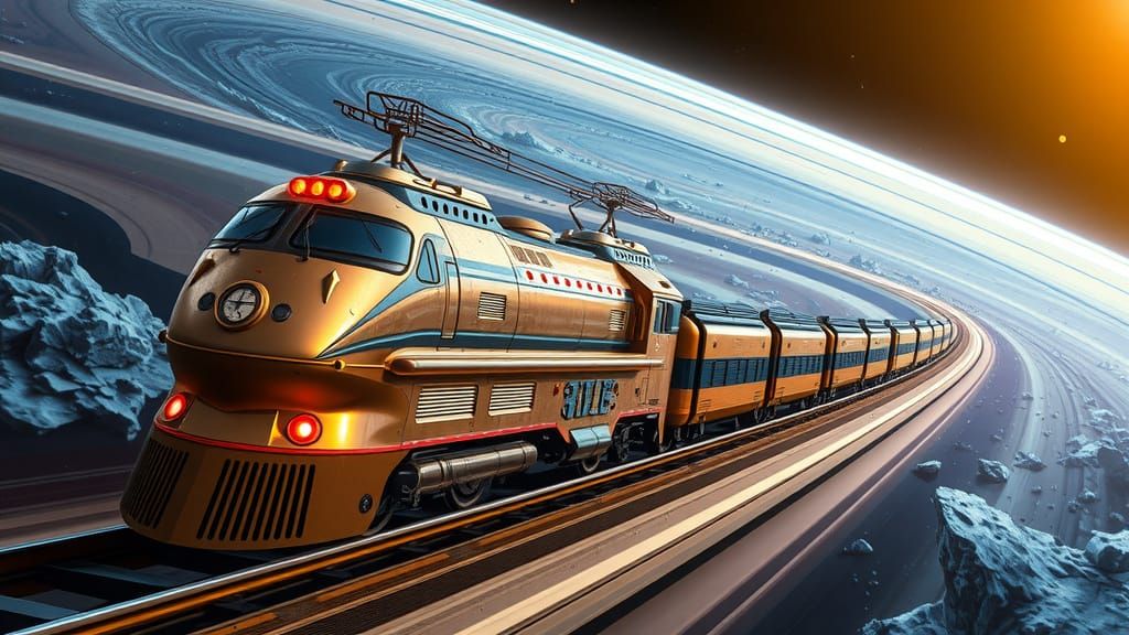 Futuristic Spaceship Train on Saturn's Icy Rings