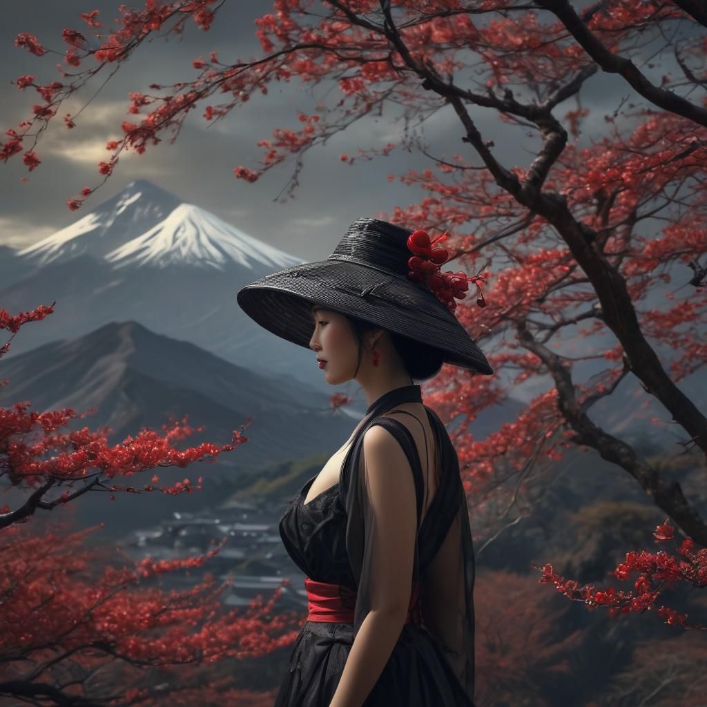 Woman with Chinese Hat and Mount Fuji: Hyperrealistic Art