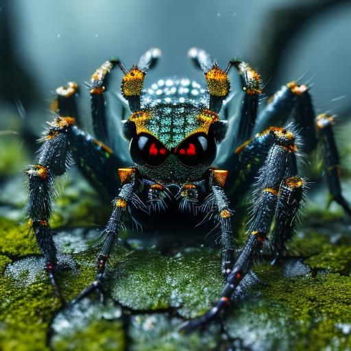 Dark Fantasy Spider on Mossy Stone, Macro Photo