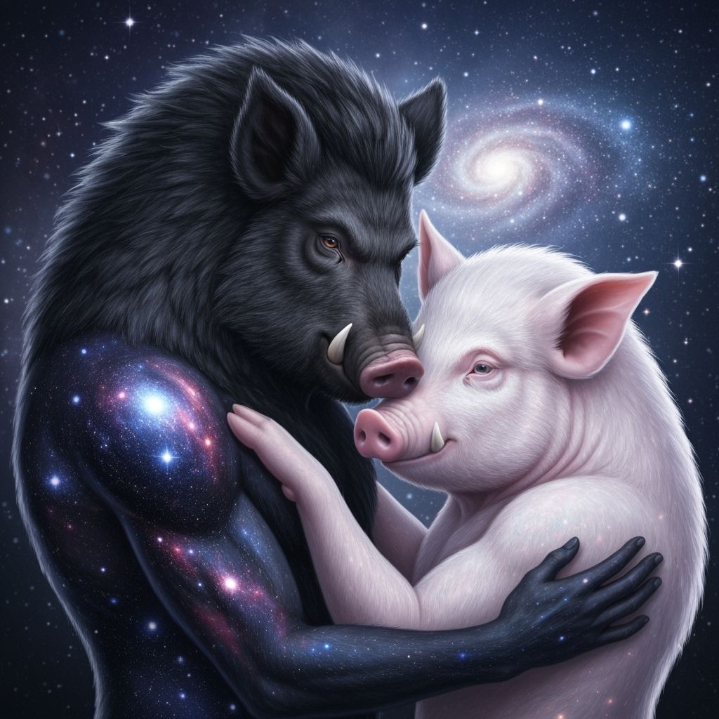Entwined Pig and Boar Men in Ethereal Night
