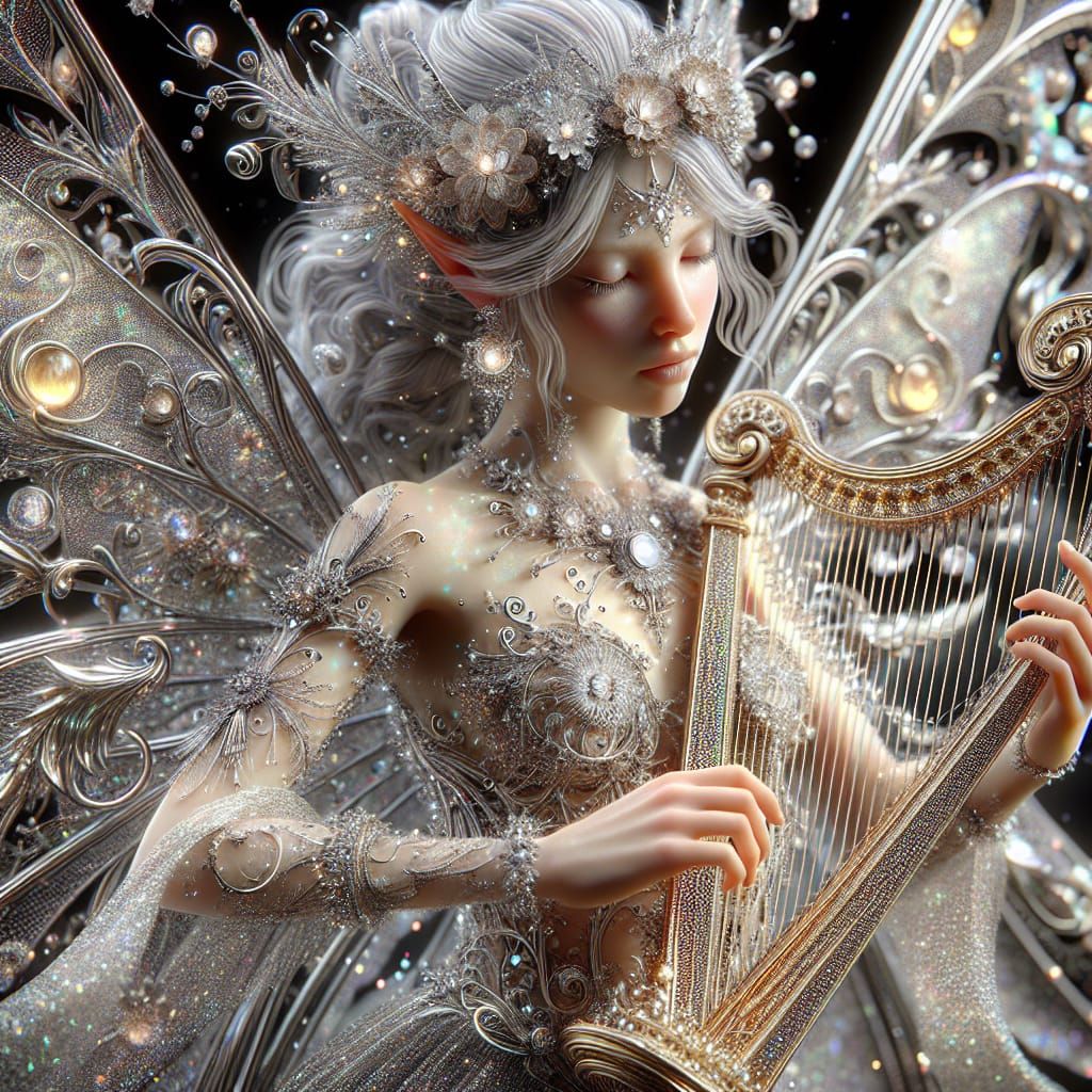 Shimmering Fairy Plays Golden Harp in 3D