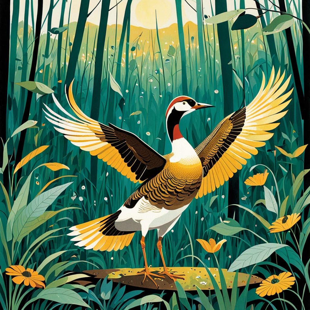 Glowing Golden Goose Takes Flight in Ethereal Dawn Landscape