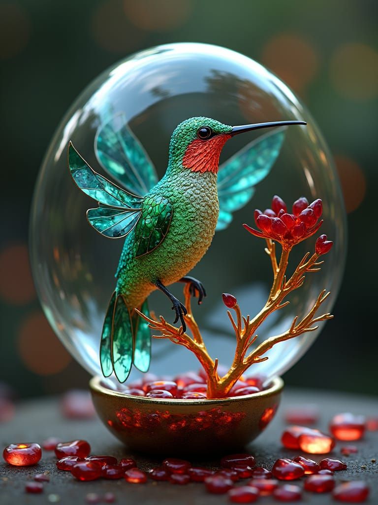 Hummingbird with Jewel Plumage in Glass Sphere
