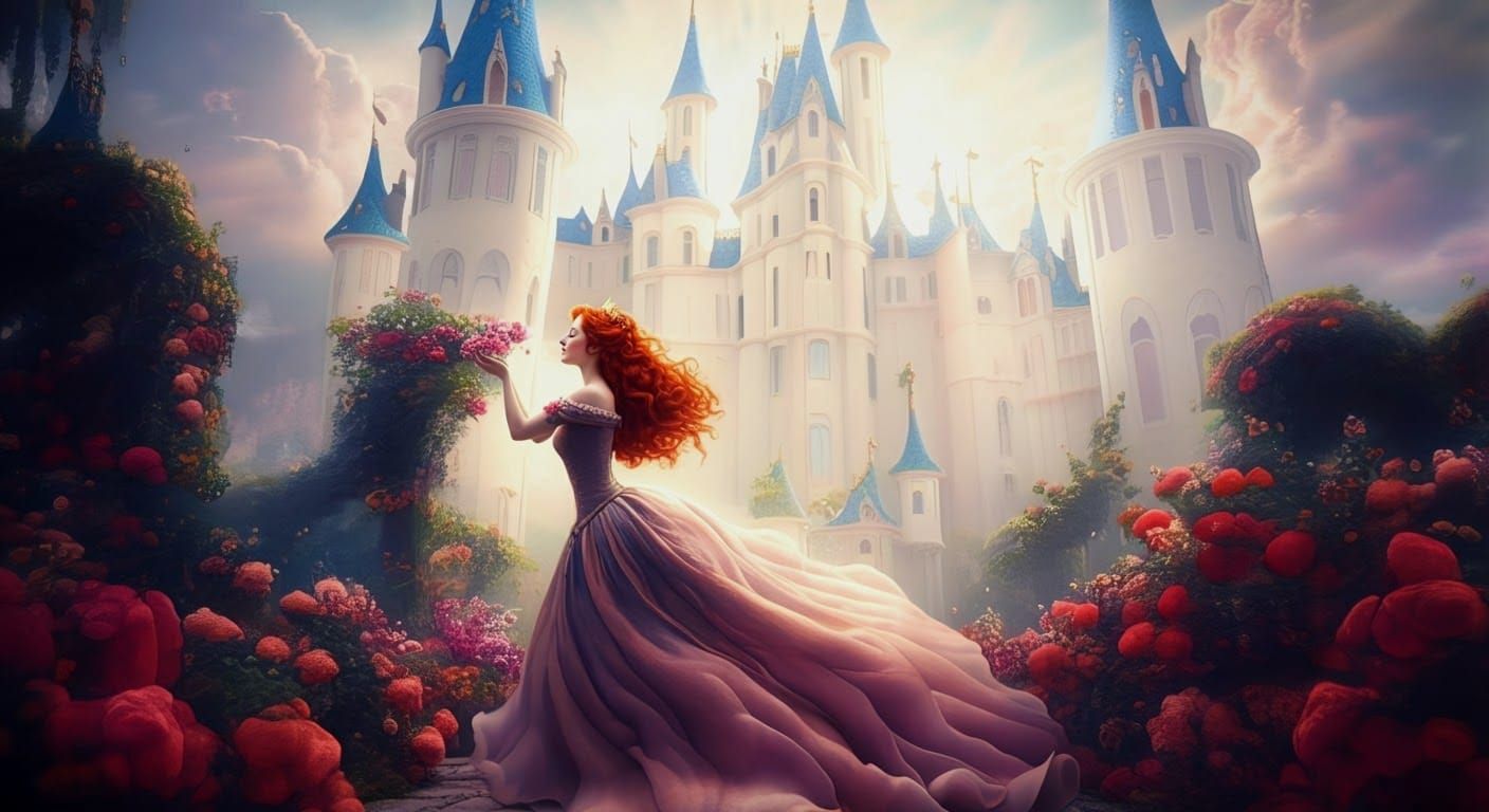 Redhead Princess in Castle Garden: 3D Digital Art