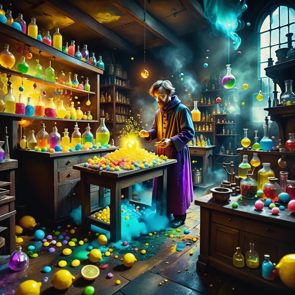 Lemon Candy Explosion in Alchemist's Surreal Lab