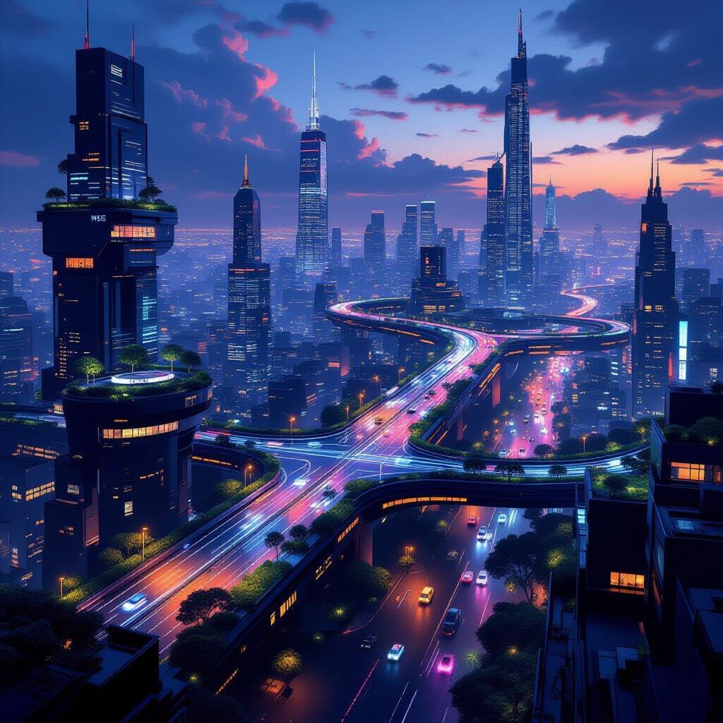 Futuristic Metropolis at Dusk with Glowing Transit and Garde...