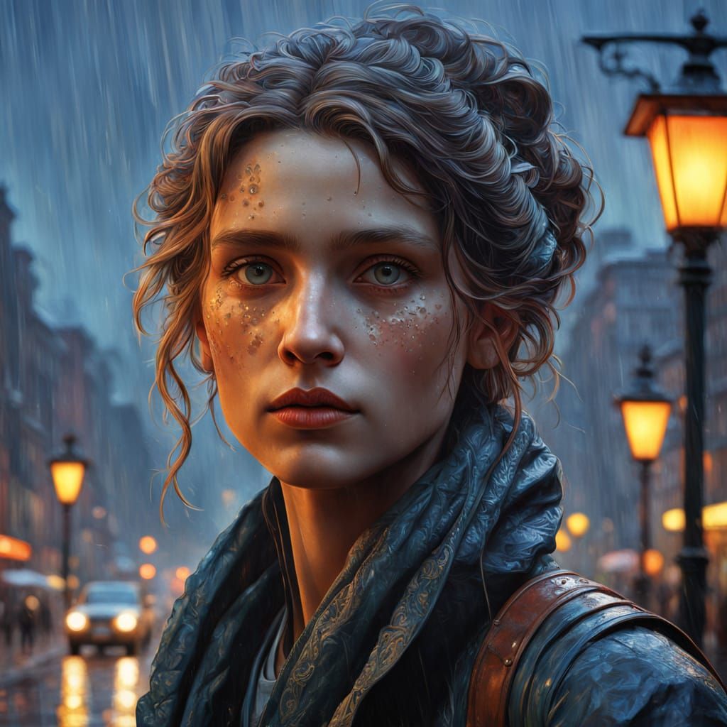 Vibrant Oil Painting of a Person in a Foggy, Rainy City