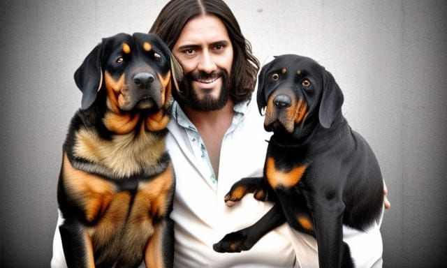 Jesus Christ hugging Rottweilers