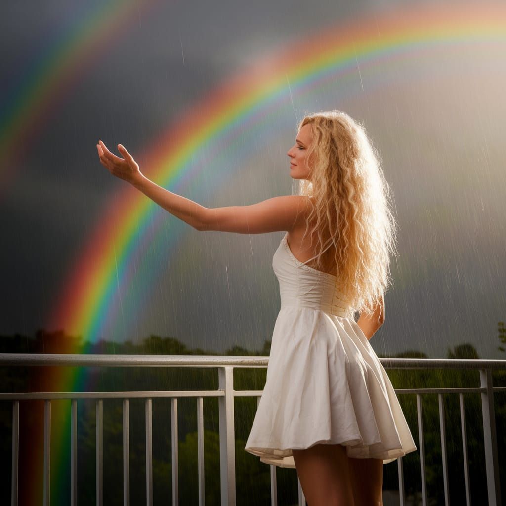 Blonde Goddess Reaches for the Rainbow in Sunshower
