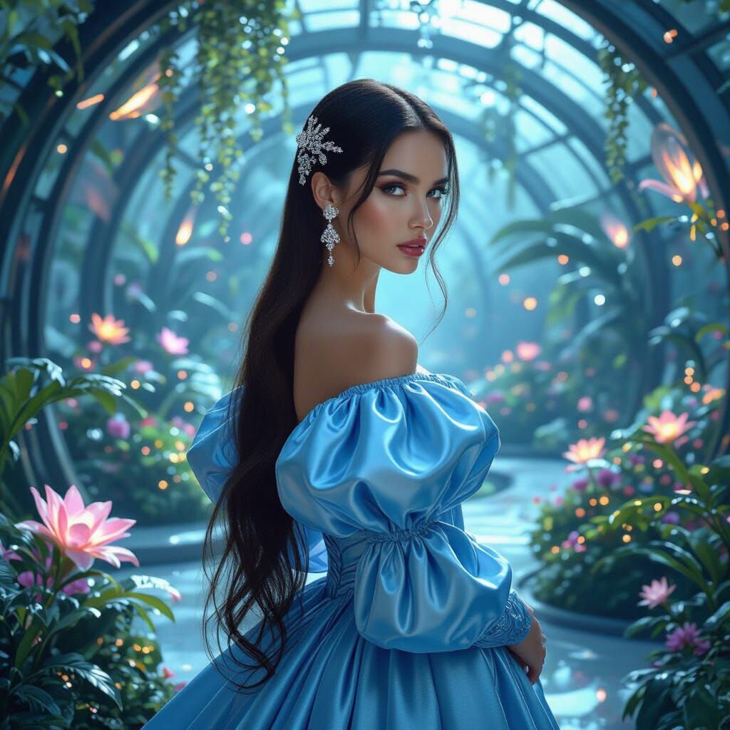 Elegant Lady in Futuristic Garden, Haute Couture Gown