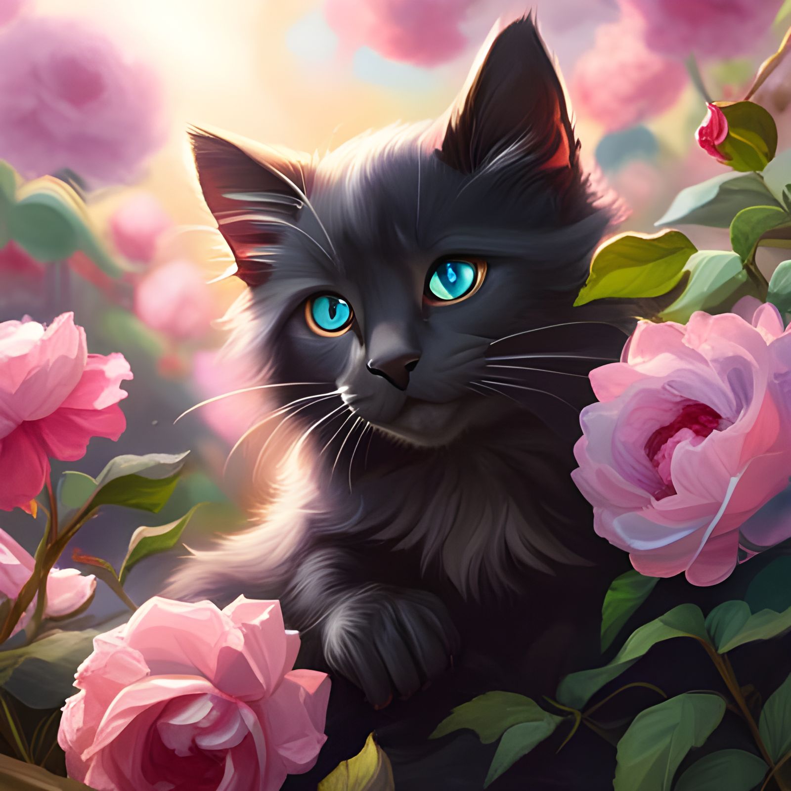 Fluffy Black Kitten in Rose Garden Concept Art