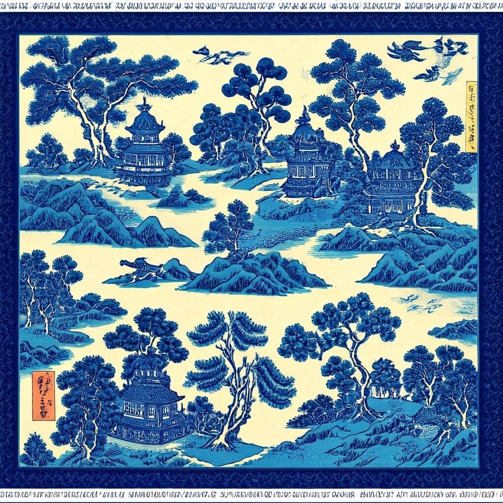 Blue Willow Pattern in Ukiyo-e Style