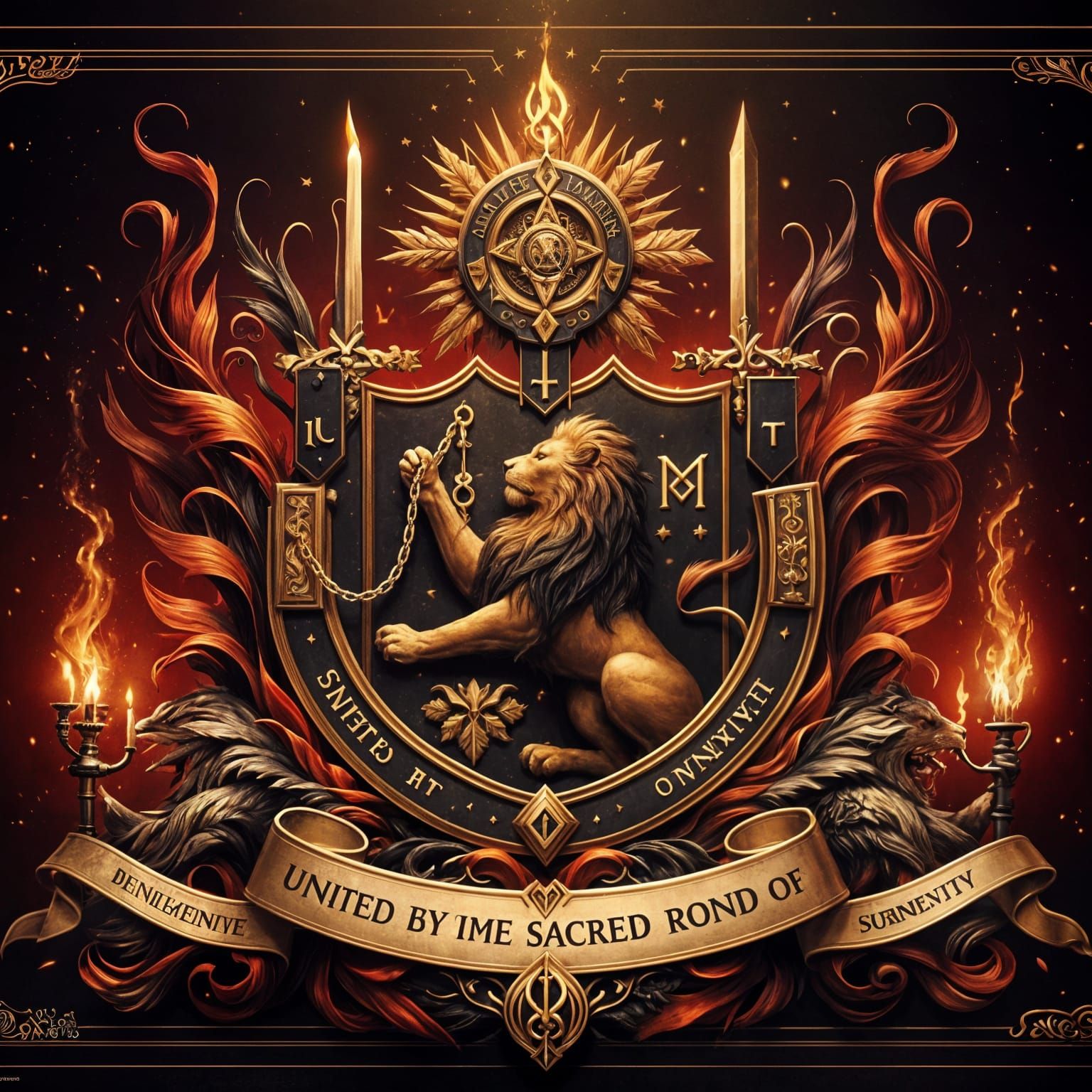 Noble Coat of Arms with Golden Banner and Flames