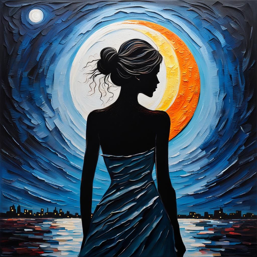 Impasto Painting of a Woman and Moon