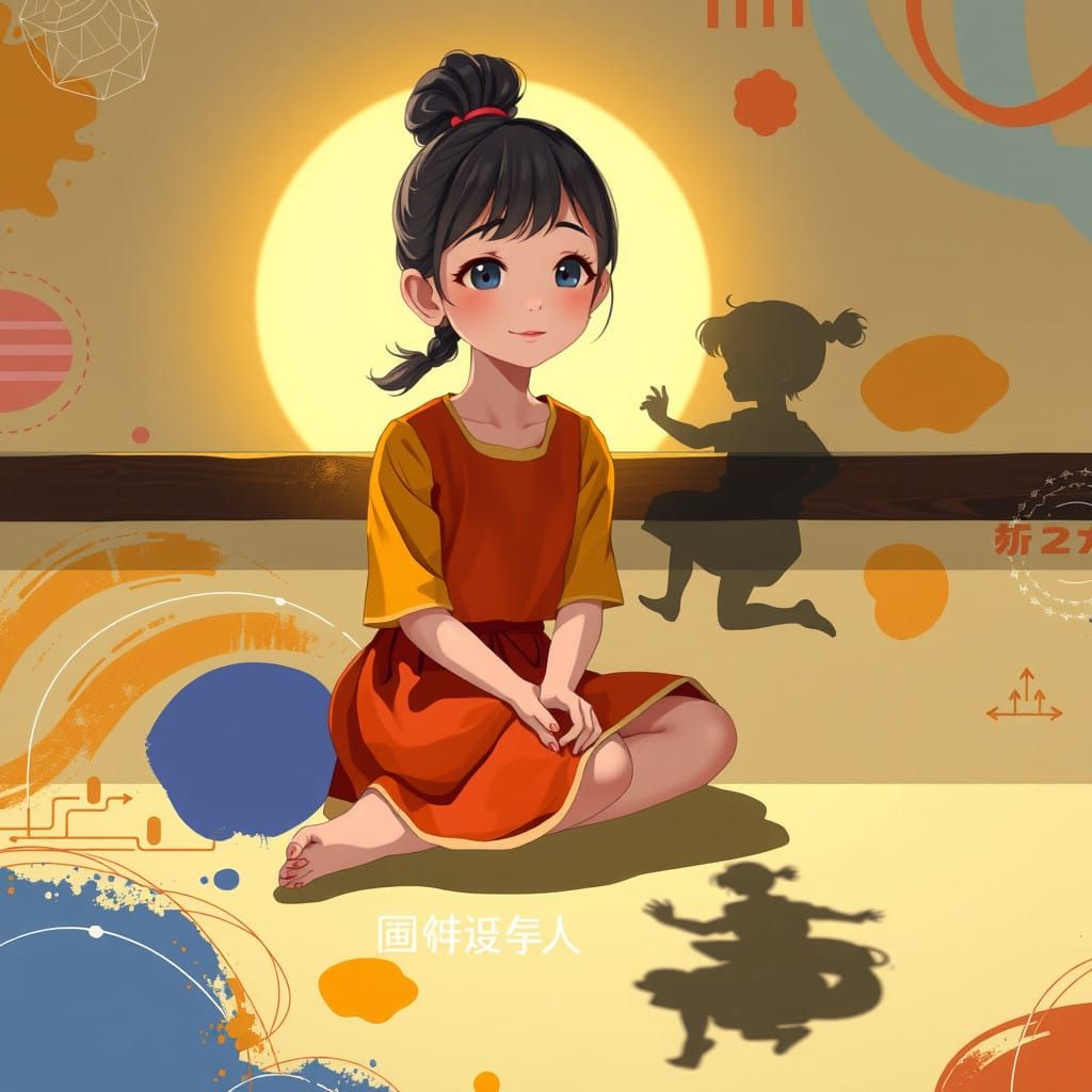 Whimsical Anime Girl Dances with Shadow in Vibrant Colors