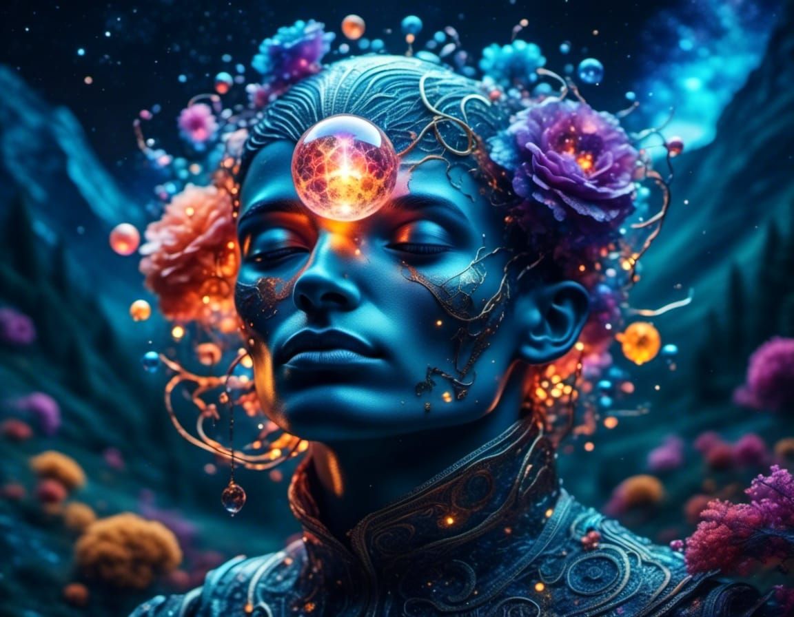 Cosmic Being Touches Psychedelic Orb in Surrealist Style