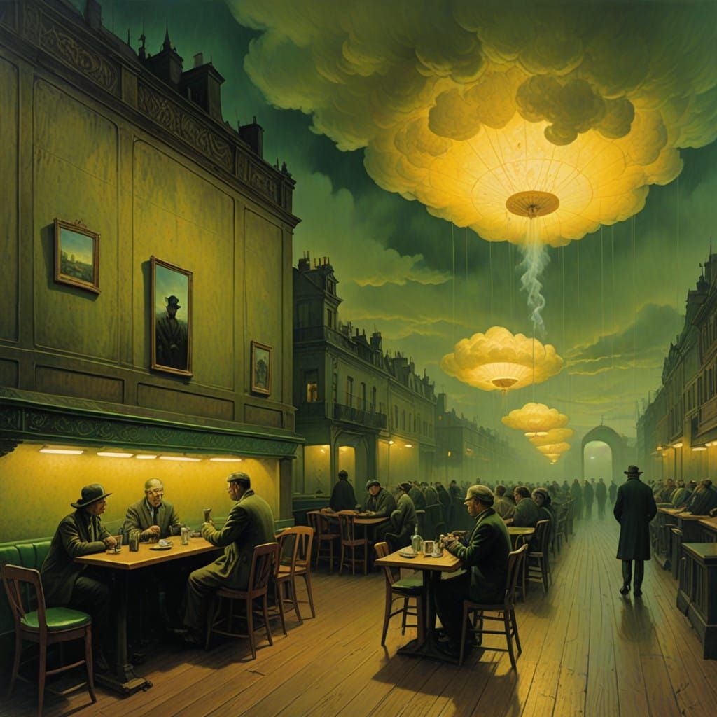 Ethereal Night Cafe Scene with Floating Dreams in the Air