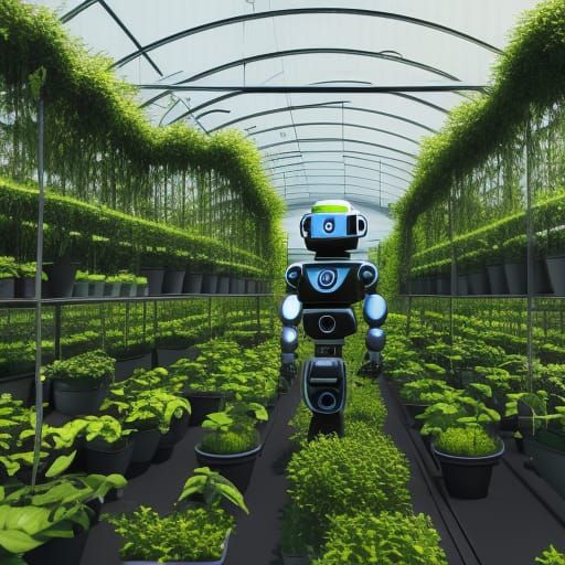 Robot Greenhouse Keeper in Futuristic Sci-Fi Style
