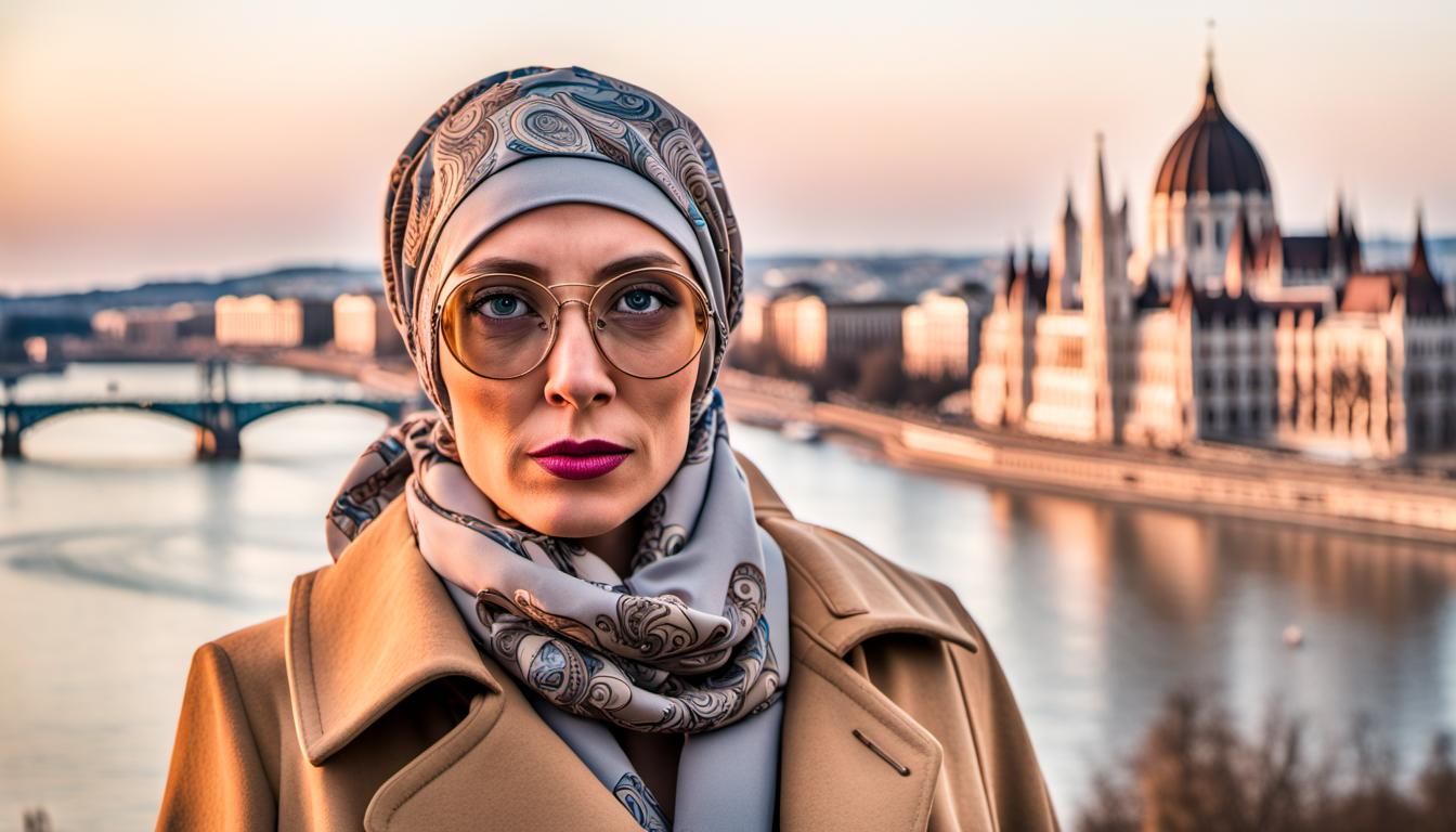 Femme Fatale Agent Overlooks Danube at Dawn