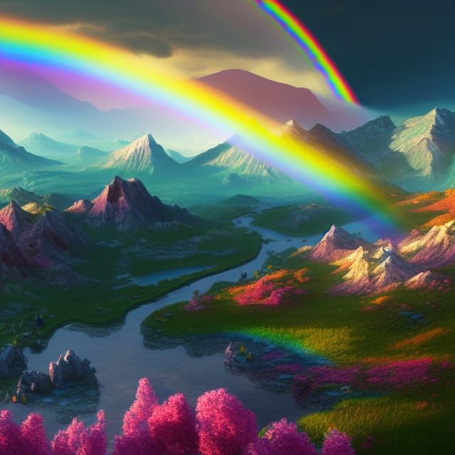 Spring Descends Mountain with Rainbow: Matte Painting