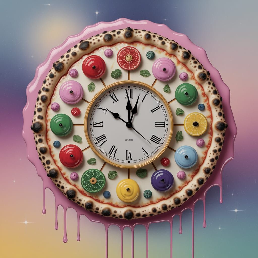 Surreal Melting Pizza Clocks in Dali Atmosphere