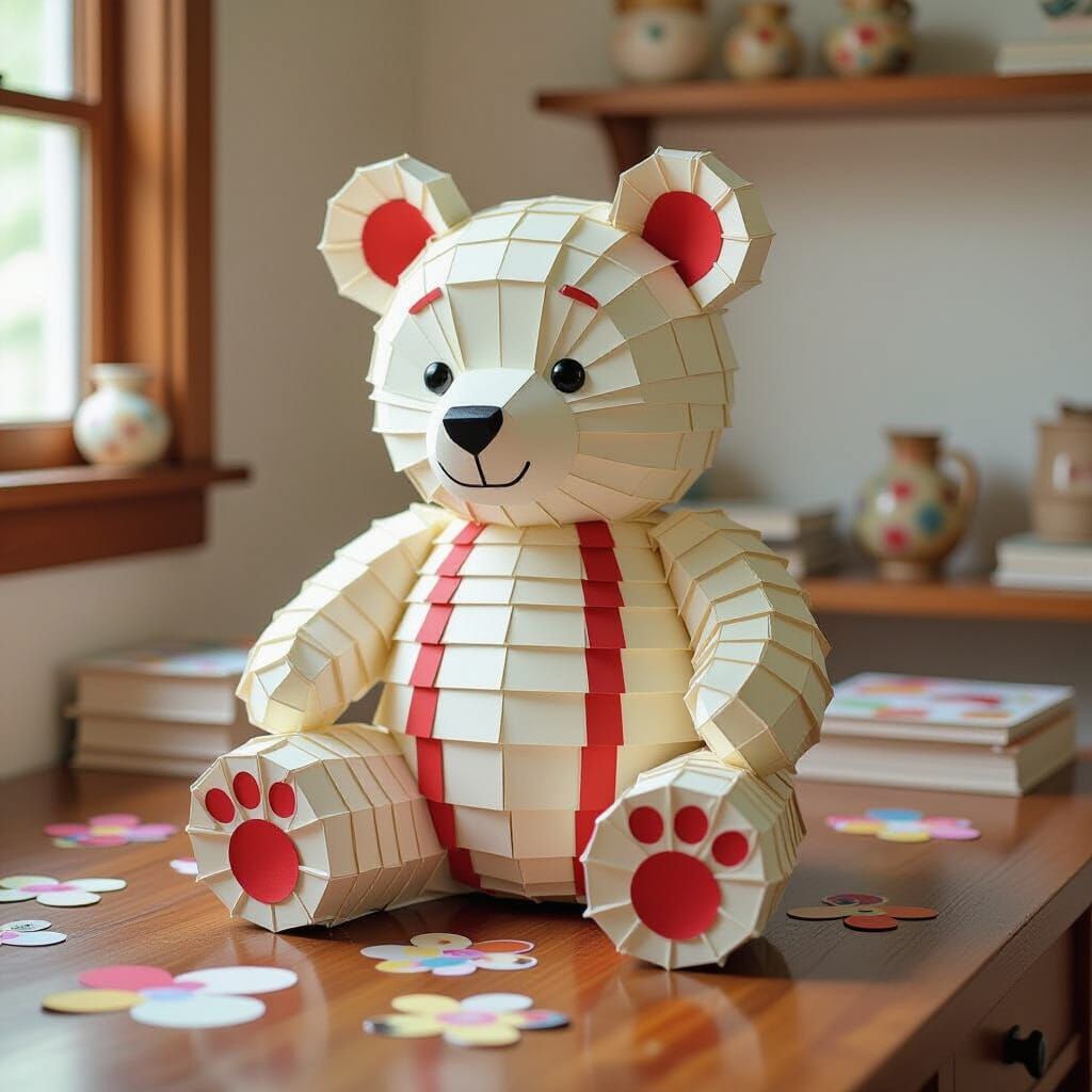 Paper Bear on Wooden Desk in Collage Art Style