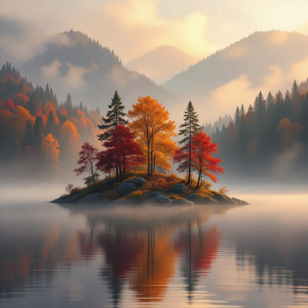 Vibrant Autumn Island in Ethereal Mist