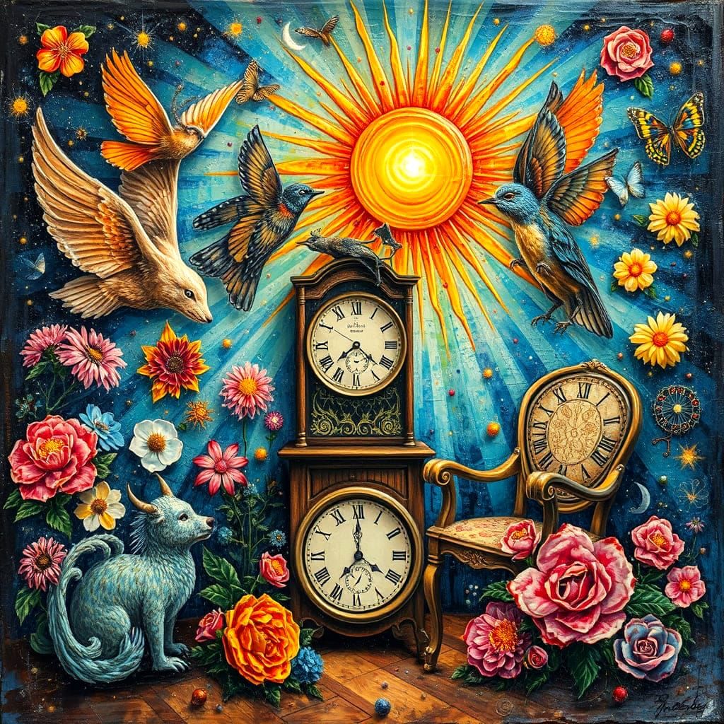 Surreal Ethereal Scene with Cosmic Clock Chair