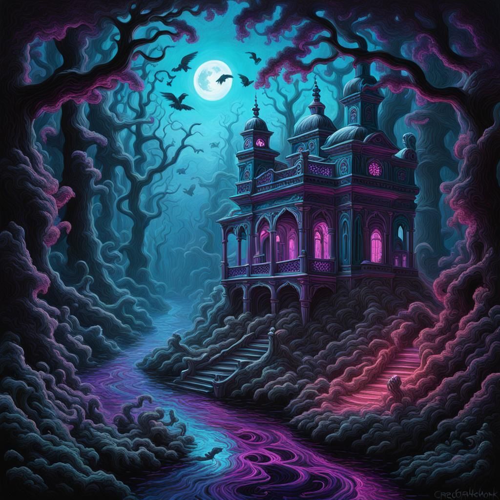 Ghosts in Neon Forest: Black Velvet Painting