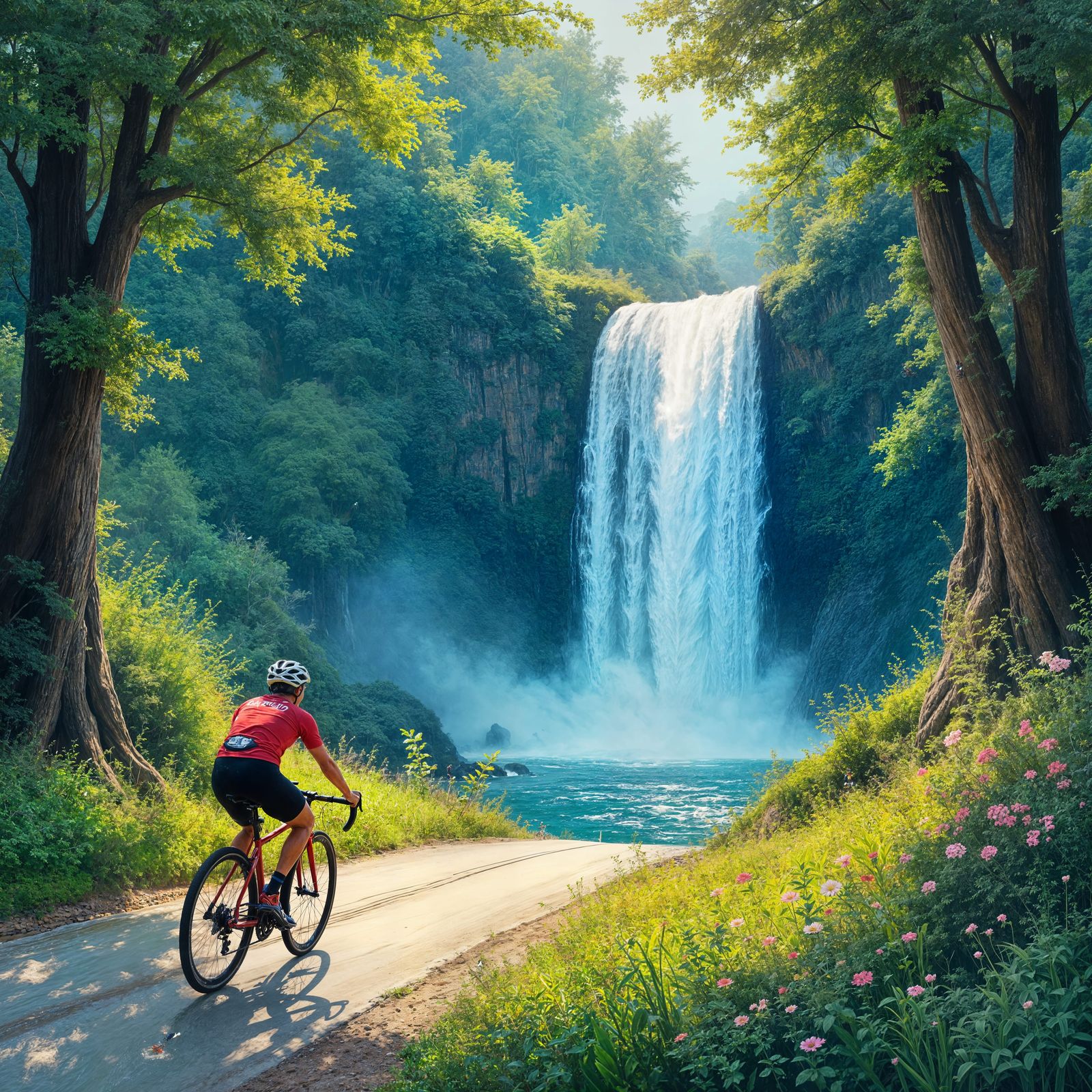 Cyclist Riding Through Waterfall