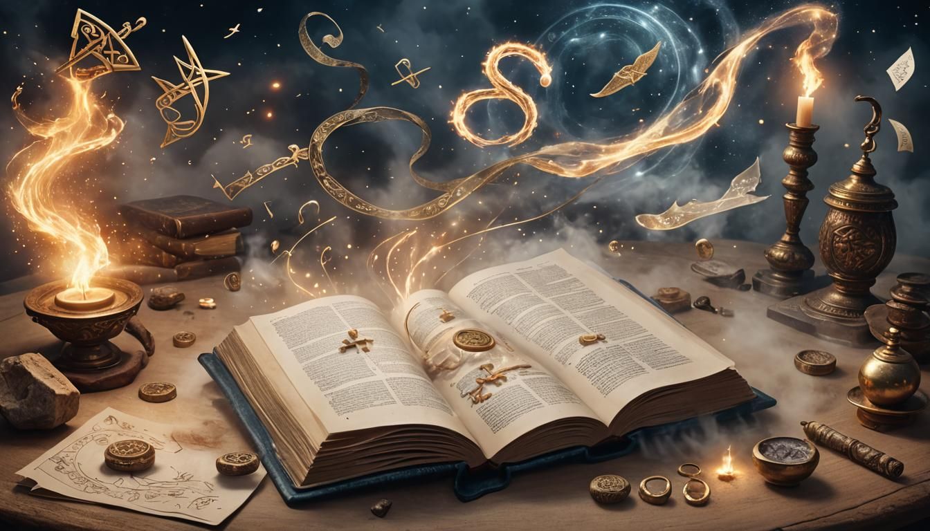 An open book sitting on a table, magical runes flying, a professional digital edition, a zodiac, a promotional image, a ...