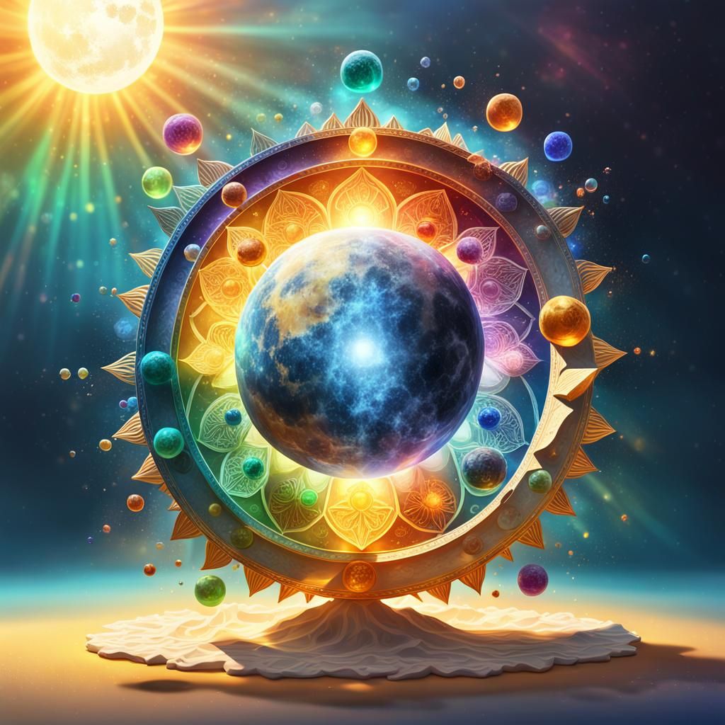 Celestial Sun Moon with Chakra Orbs in Digital Art