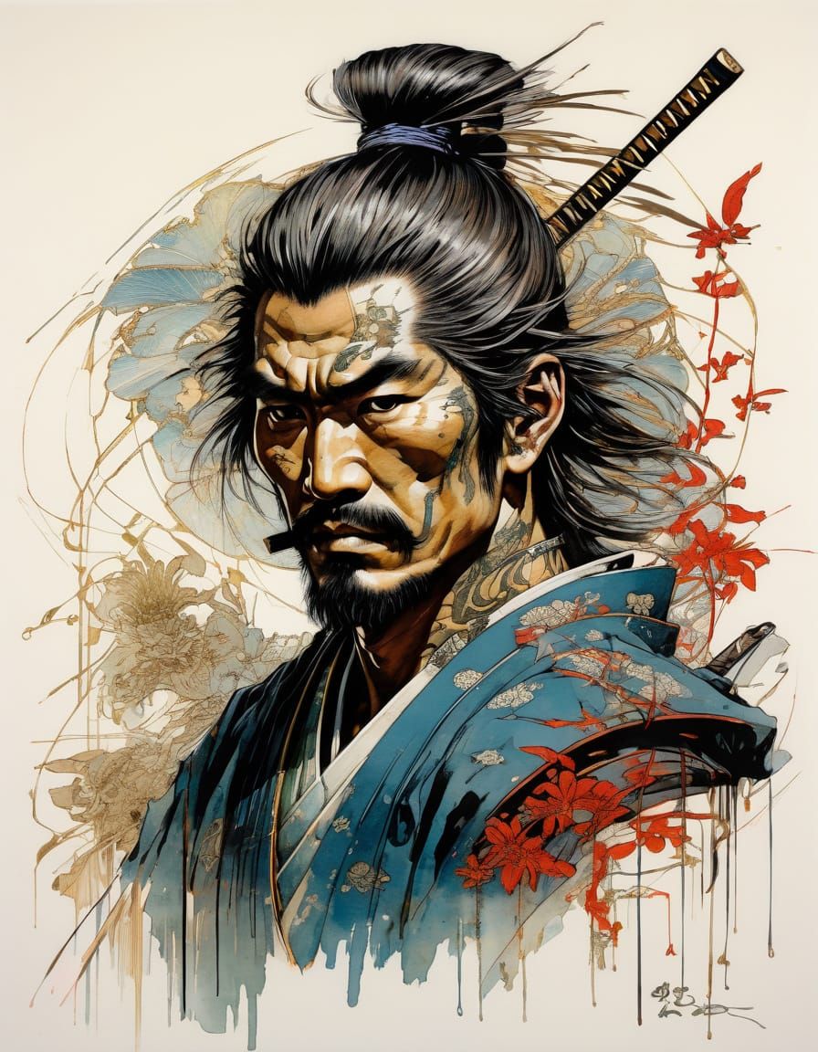 Japanese Samurai in Vibrant Magenta Style