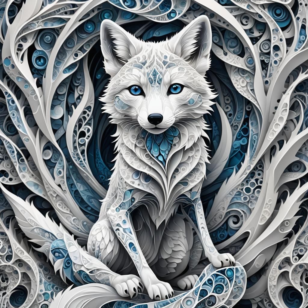 White Fox with Fractal Zentangle Patterns in 3D