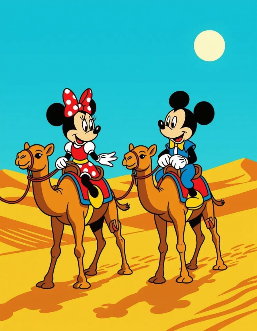 Minnie and Mickey Ride Camels in Comic Desert Style