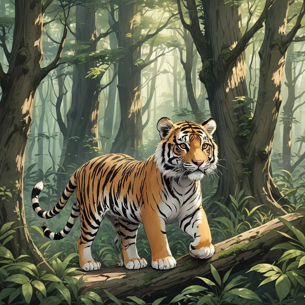 Lost Tiger Cub in Lush Forest: Anime Style