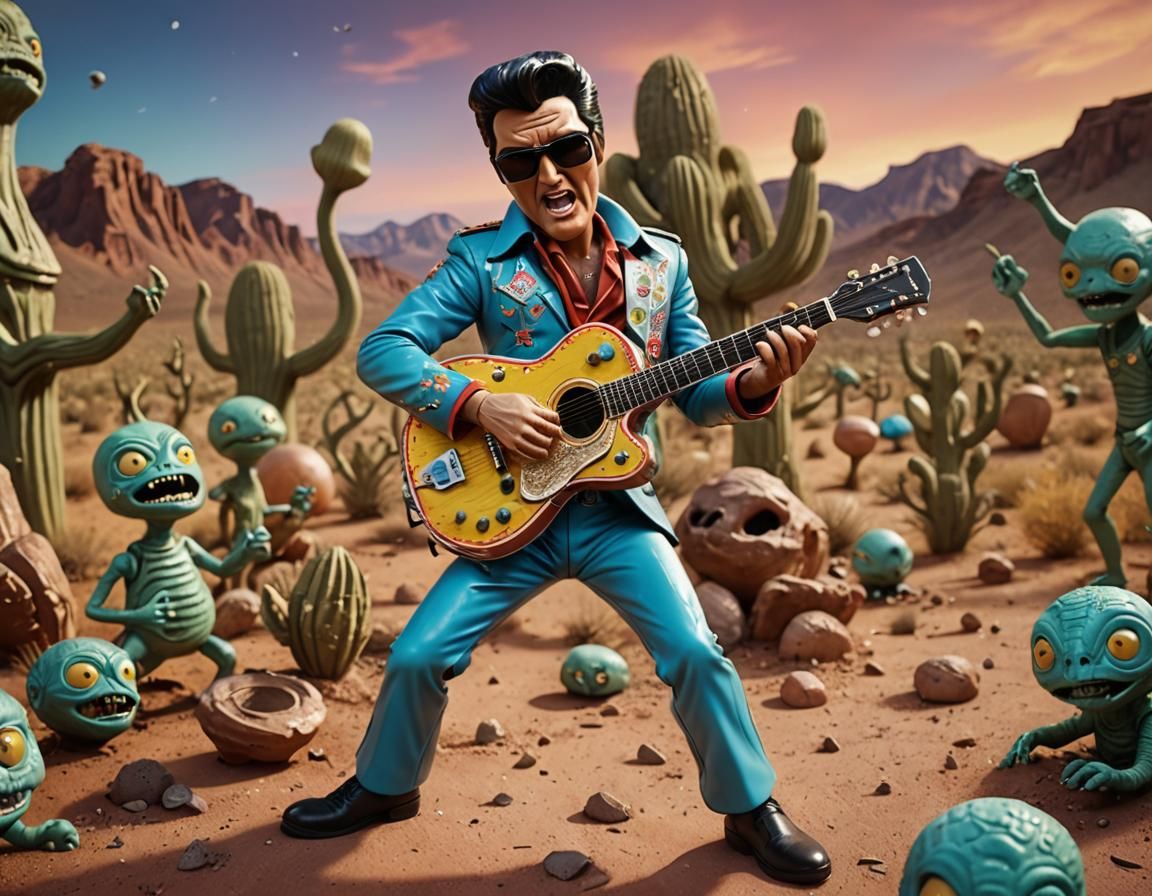 humorous clay animation scene with Elvis using a guitar to f...