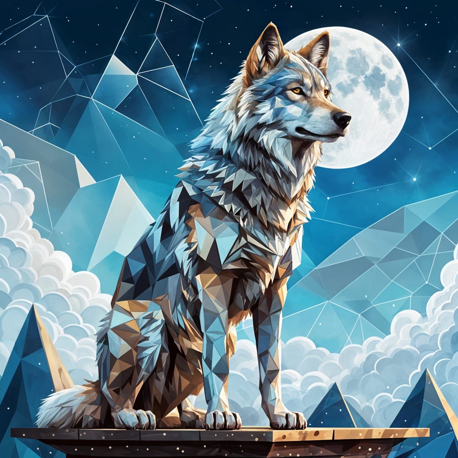 Fantasy Geometric Wolf Portrait on Sky Platform