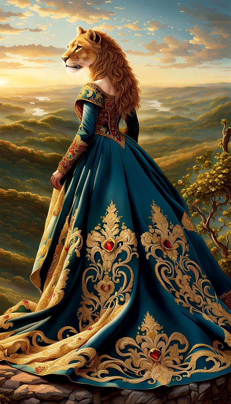 Regal Lioness in Elizabethan Gown Surveys Kingdom