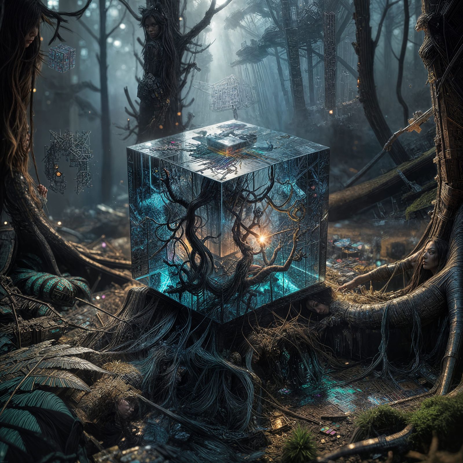 Bismuth Cubes Masterpiece in Vibrant Dye-Transfer Art