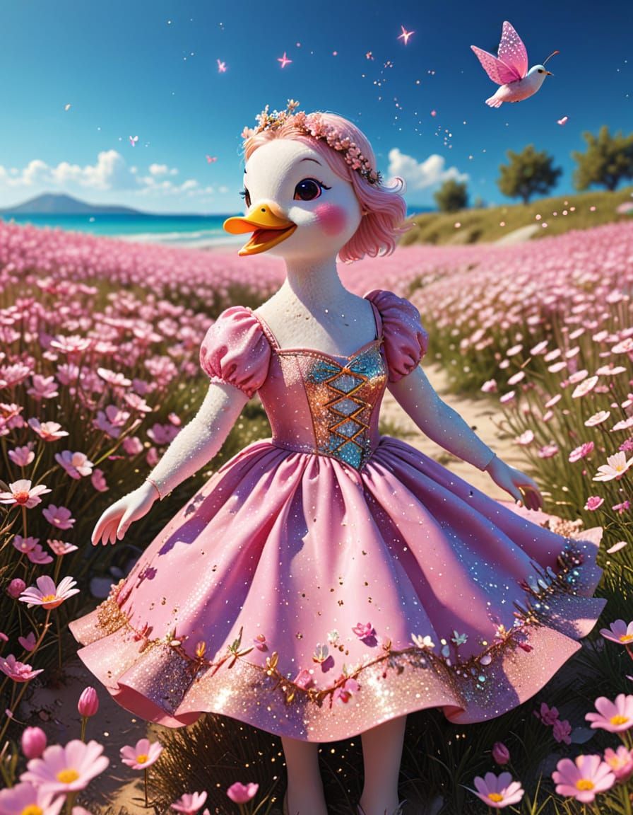 Pink Duck Amidst Starry Skies and Pink Flowers