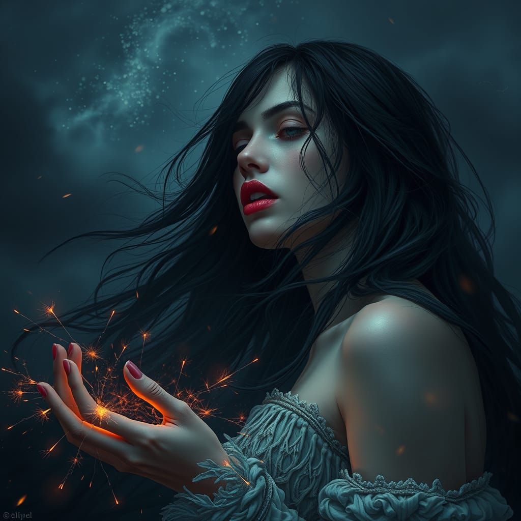Mystical Woman with Raven Hair and Ruby Lips