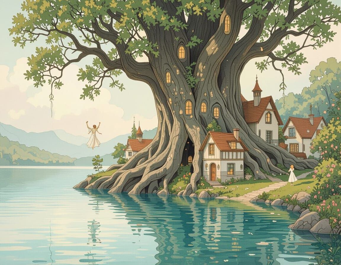 Enchanted Village of Dancing Spirits in Art Nouveau Style